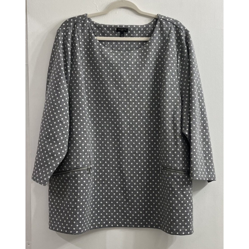 Talbots Women's Sweater 3X Gray White Polka Dots Pullover Zipper Metallic Modest